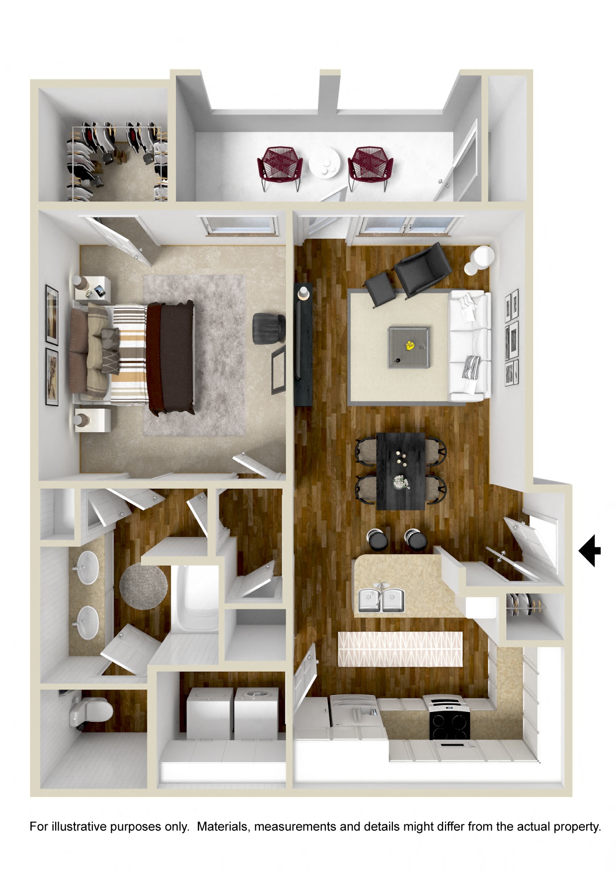 Floor plan for 1 bed, 1 bath, 849 sqft